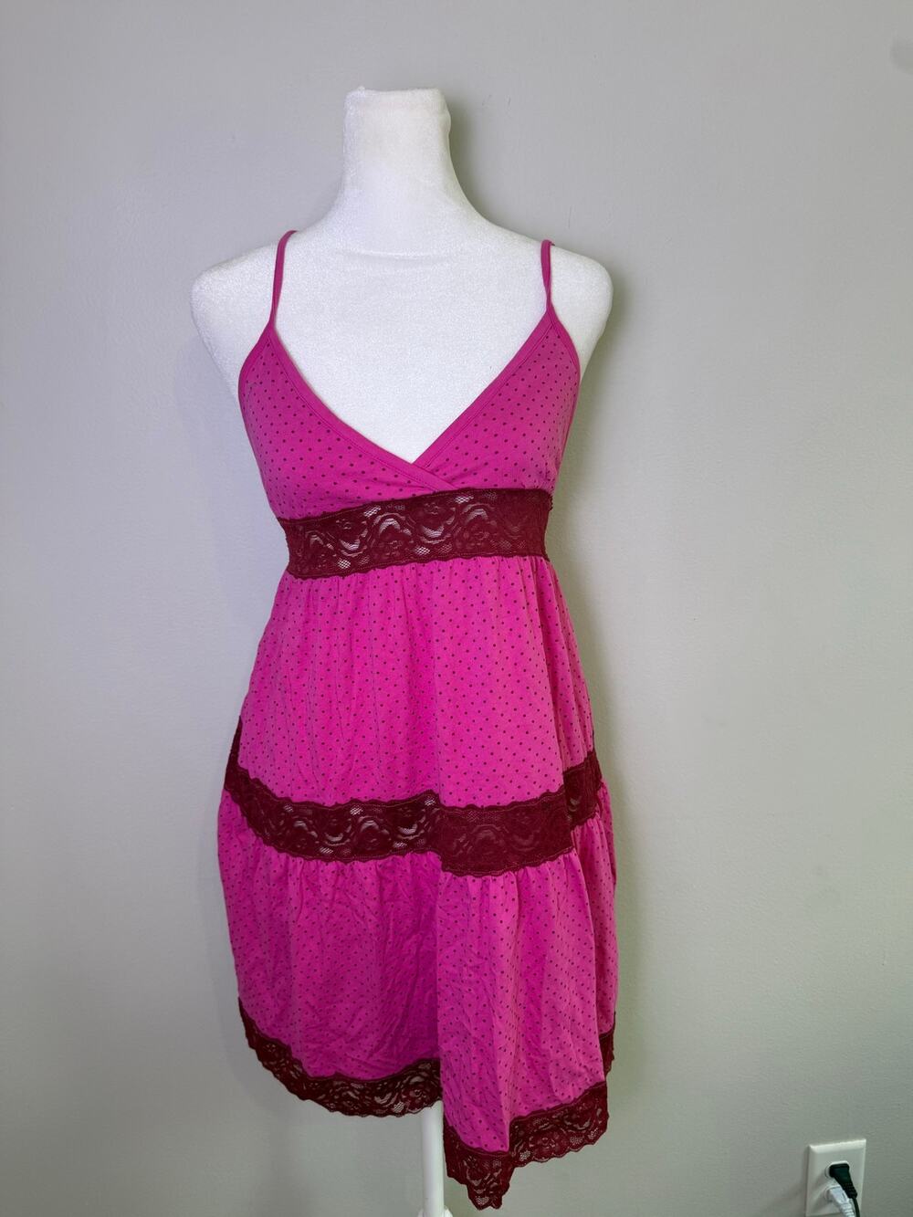 Y2K Victoria’s Secret PINK Babydoll Dress Small Hot Pink Lace Polka Dot